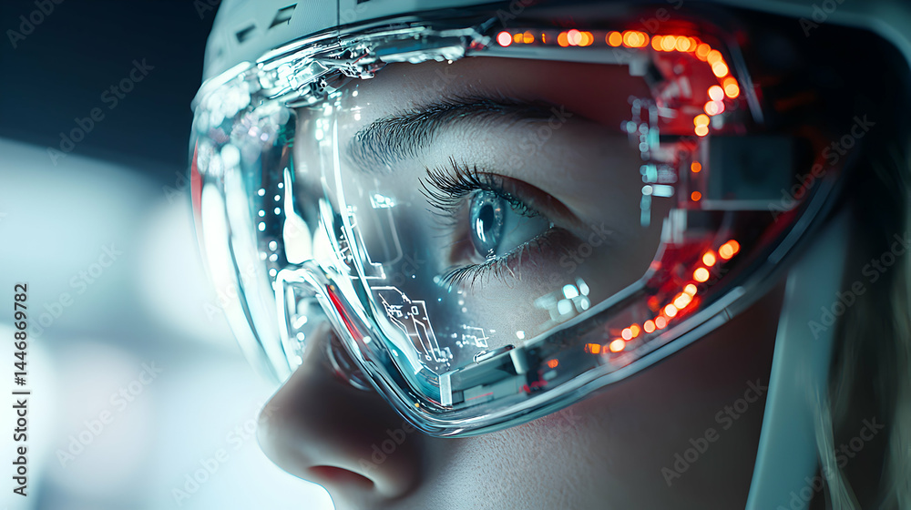 Poster a close-up showcases futuristic eyewear reflecting digital interfaces with glowing circuitry. sugges