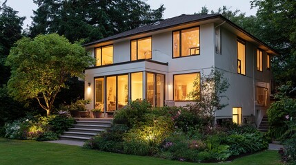 Fototapeta premium Modern home glowing at dusk with soft garden lights, blending warmth and sleek architecture 