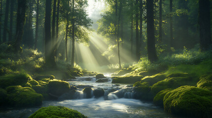 sun-dappled mossy trees and gentle stream in lush oregon forest