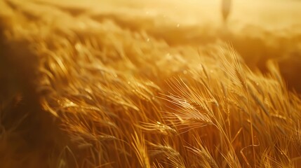 Close up a golden field of wheat, with the wind blowing, wheat spike, featuring a small person climbing, Generative AI illustrations.

