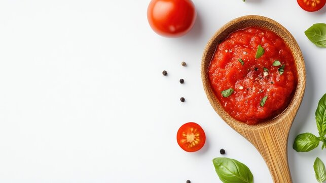 Wooden spoon filled with tomato sauce, surrounded by fresh ingredients