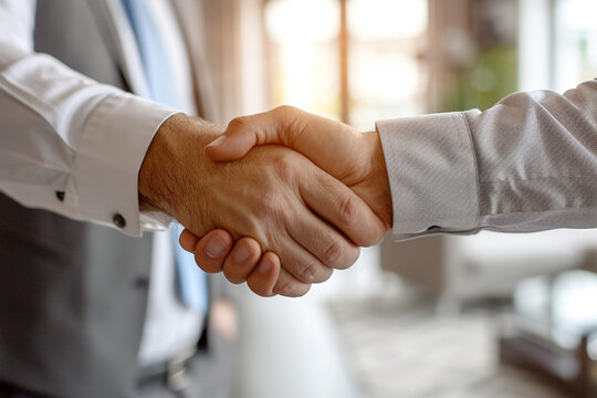 Successful businessmen confidently shake hands in a reputable real estate agency, marking triumphant culmination of a lucrative business deal involving purchase or rental of a splendid house, solidify - Powered by Adobe