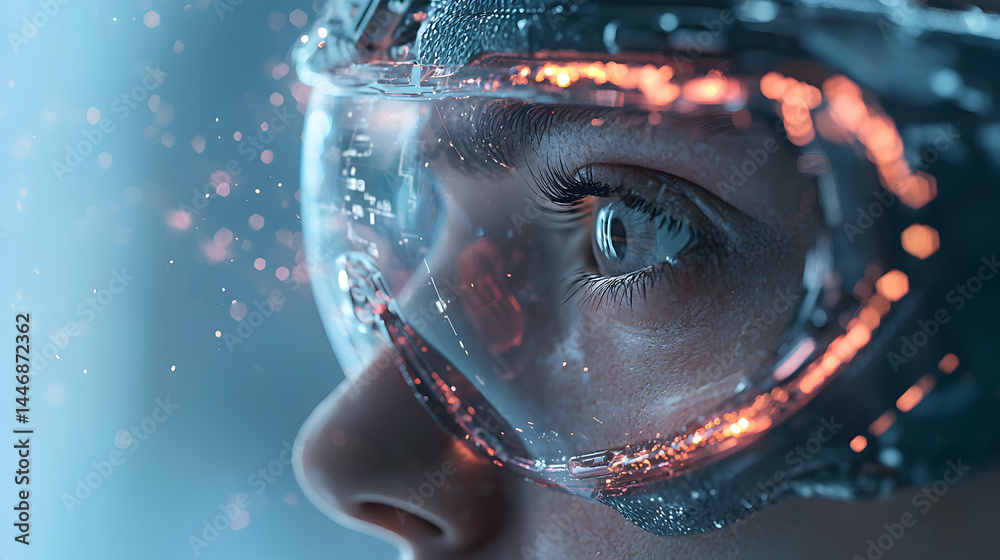 Poster a futuristic image showing a person with high-tech glasses and an augmented reality concept. ideal f