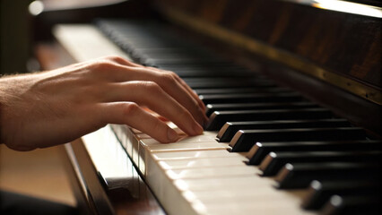 Obraz premium Hand gently pressing piano keys creates serene atmosphere, evoking sense of calm and creativity