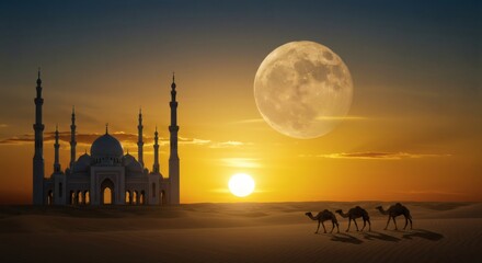 Camels Walking to Mosque in Desert at Sunset Under Full Moon
