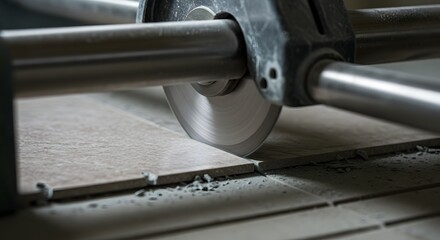 Precise Tile Cutting: A Close-Up View of a Professional Tile Cutter in Action, Showing the Detailed Process of Cutting Tiles for Renovation or Construction Projects