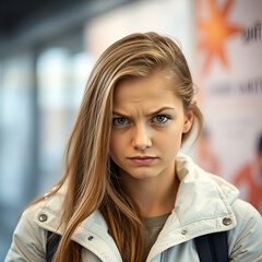 Portrait of dissatisfied Beautiful teen girl wearing white jacket smirks face, purses lips and looks with annoyance at camera, discontent hearing something unpleasant