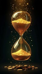 Golden hourglass with flowing coins inside, dripping slowly on a clean black background, with transparent glowing chart overlays and stock tickers fading in and out, wide abstract finance banner.

