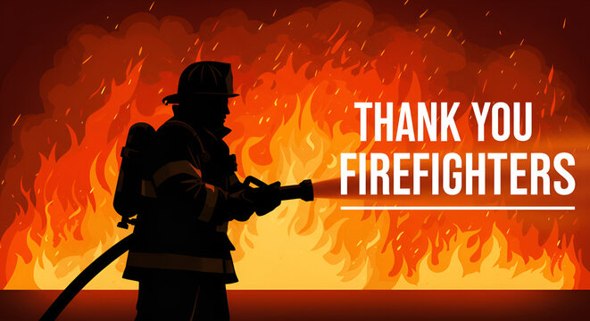 Poster-style illustration of a firefighter silhouette holding a hose, flames in the background, 'Thank You Firefighters' text