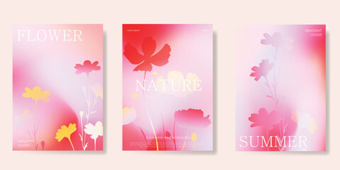 Abstract colorful gradient summer card background set. Minimalist poster with flower and foliage. Modern summer and spring wallpaper design for home decoration, website, banner, ads.