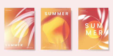 Abstract colorful gradient summer card background set. Minimalist poster with flower and foliage. Modern summer and spring wallpaper design for home decoration, website, banner, ads. © babeer