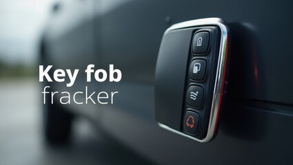 Key Fob Tracker. Car key fob with buttons close-up hanging on black vehicle door handle, technology and security concept, automotive accessory, modern design, blurred background with soft natural lig