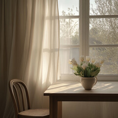 Fresh Flowers in the Window – Sunlit Blooming Bouquet on Windowsill with Natural Light and Cozy Indoor Vibes – Peaceful Home Decor and Nature-Inspired Interior Scene
