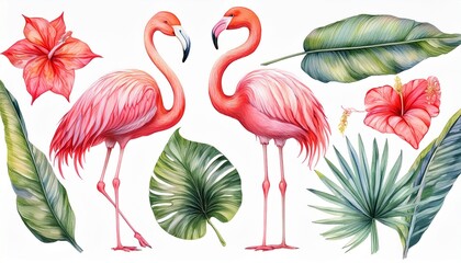 Flamingo birds, palm leaves, anthurium flowers. Watercolor tropical set, isolated on white