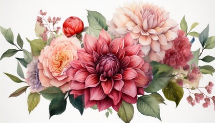 Floral bouquet design. flower Dahlias, roses, greenery branch leaves, invitation card. Wate