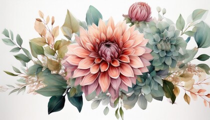 Floral bouquet design. Watercolor Flower Dahlias, eucalyptus, greenery branch leaves. Weddi