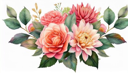 Floral bouquet design. flower Dahlias, roses, greenery branch leaves, invitation card. Wate