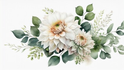 Floral bouquet design. Watercolor Flower white Dahlias, eucalyptus, greenery branch leaves.