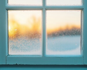 Frosty window pane at sunrise