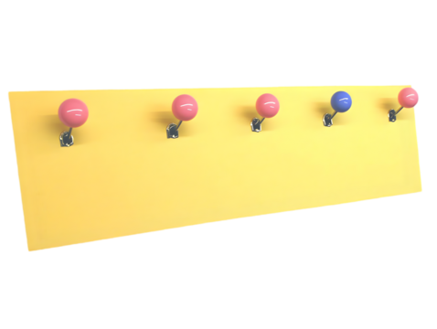 Colorful 3D Illustration Of A Yellow Wall-Mounted Coat Hanger With Pink And Blue Decorative Pins - Powered by Adobe