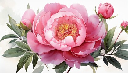Flower illustration, pink peony on a white background. watercolor style