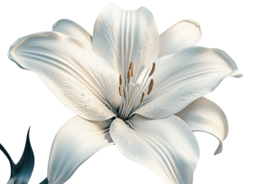 Serene white lily blossom delicate petals soft light elegant detail isolated on black on transparent background