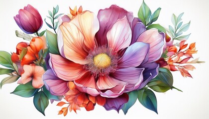 Flower isolated white background. Hand drawn bouquet of flower, watercolor floral illustrat