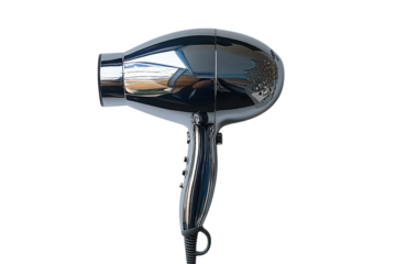 Sleek chrome hair dryer professional salon quality design perfect for styling reflecting light on transparent background