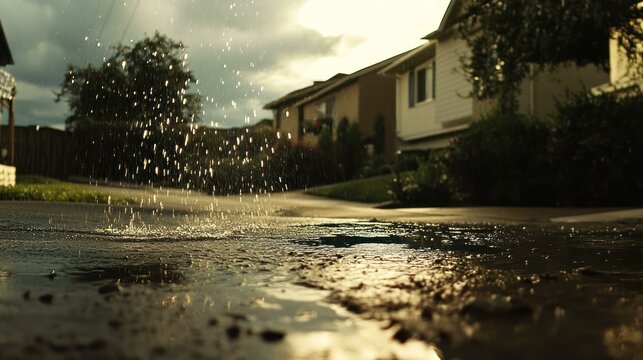 Raindrops hitting pavement create puddles in a residential area.