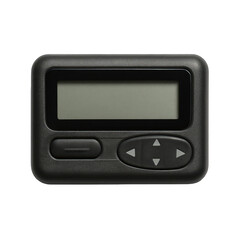 Retro personal communication device, black plastic pager with grey LCD screen and operational buttons for messaging.