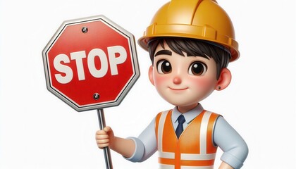 Construction stop sign action by cartoon character in urban setting fun and engaging visual