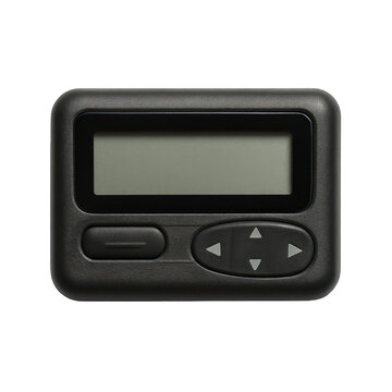 Retro personal communication device, black plastic pager with grey LCD screen and operational buttons for messaging.