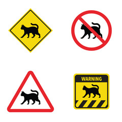 Set of cat crossing traffic sign. Vector illustration of yellow triangle warning sign and white cirle warning sign with cat icon inside.