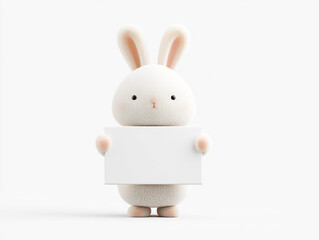Chubby bunny doll holding a blank sign on white background.