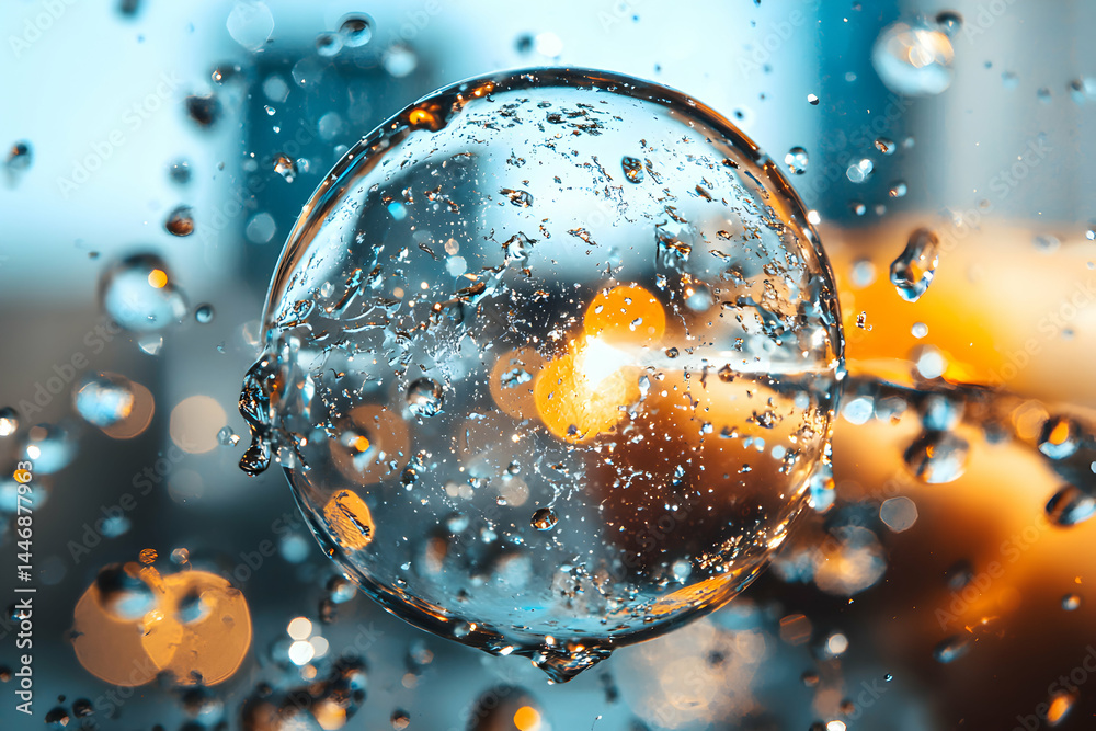 Poster a macro shot capturing water droplets and a large bubble with a vibrant bokeh background. it's ideal