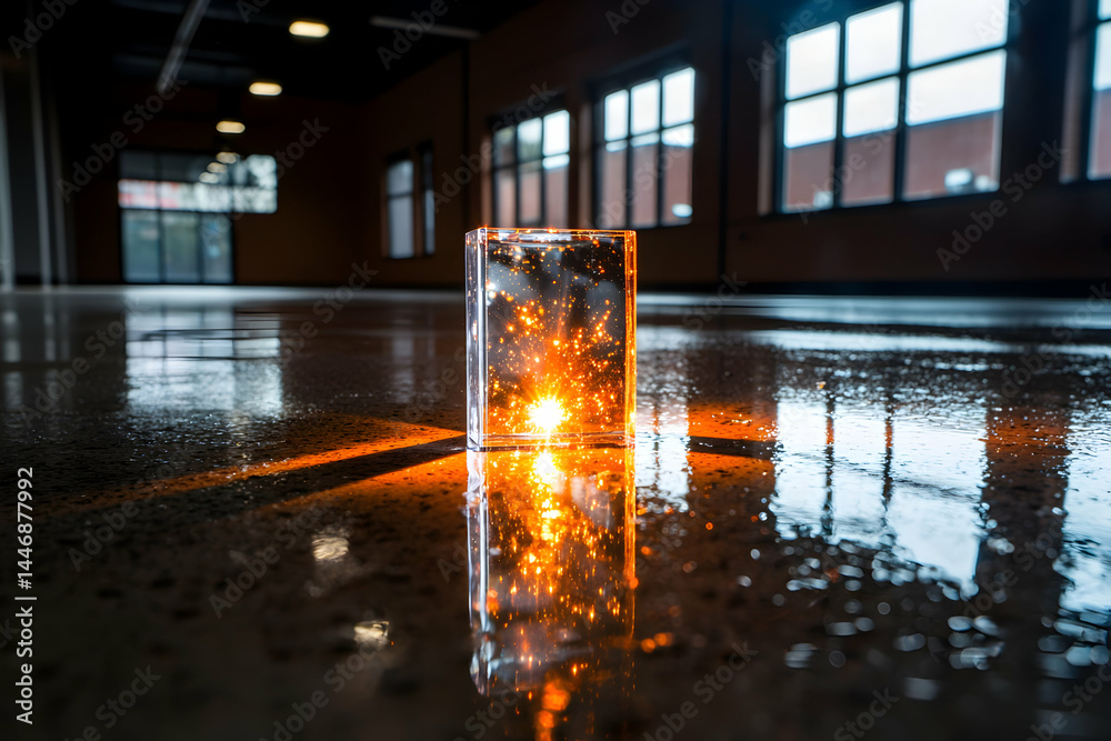 Poster a glowing rectangular object reflects on a wet surface. the scene is indoors with windows. it could 