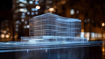 Modern architectural design model, glowing wireframe of a building at night