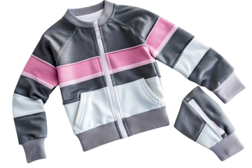 Stylish kids grey pink white tracksuit jacket isolated on black background detailed studio on transparent background
