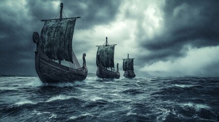 Three Viking Ships Sailing Through a Stormy Sea