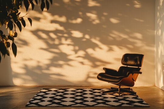 A black leather Eames lounge chair sits on a patterned rug against a wall dappled with sunlight and shadows from a tree.