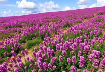 Naklejka premium Purple pink heather blossoms covering Ginkel Heath, Arnhem, Netherlands WWII history site, flora, airborne