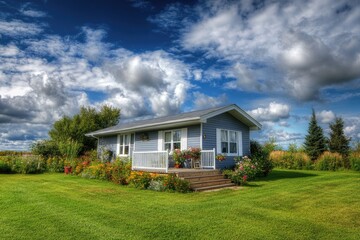 Obraz premium Quaint blue house with vibrant flower garden under a dramatic sky