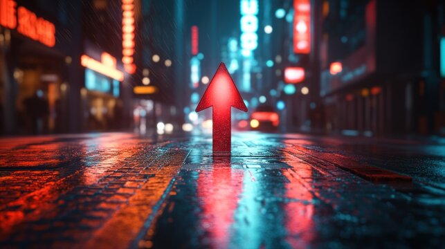 Illuminated upward arrow on city street at night