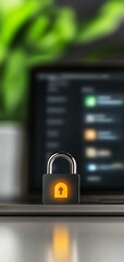 Digital padlock with glowing lock icon on laptop keyboard, symbolizing secure data protection and privacy in modern workspace