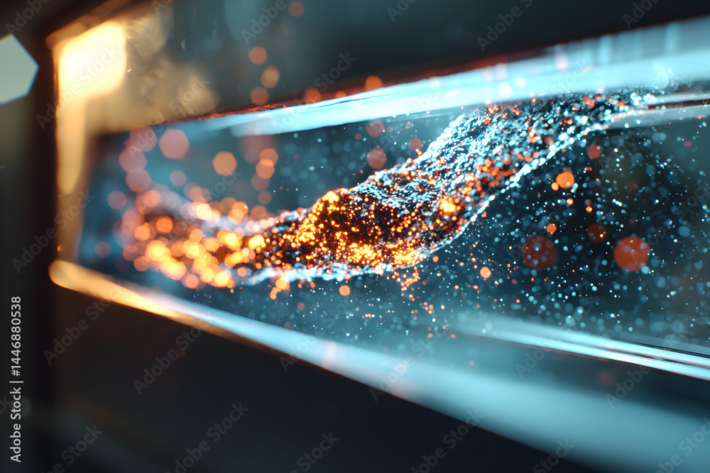 Poster abstract image of particles flowing through a glass structure. suggests technology science or data v