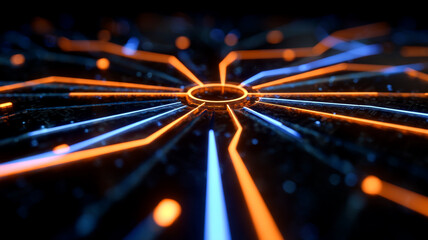 Orange and blue glowing lines connect to a circular hub, suggesting data flow or digital connectivity.