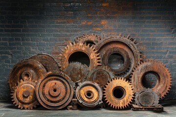 A collection of rusty, old gears against a brick wall, depicting industrial history and mechanics.
