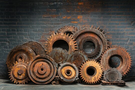 A collection of rusty, old gears against a brick wall, depicting industrial history and mechanics.