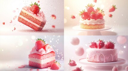 Strawberry shortcakes, cakes, desserts, sweet treats, delicious,  flying, pink, delicious, food photography, background, white, studio,  whipped cream, sugary, tasty, appetizing.