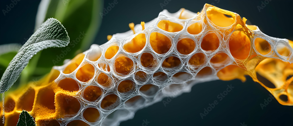 Poster a detailed macro shot of honeycomb overlaid with delicate web-like structures and leaves. could be u